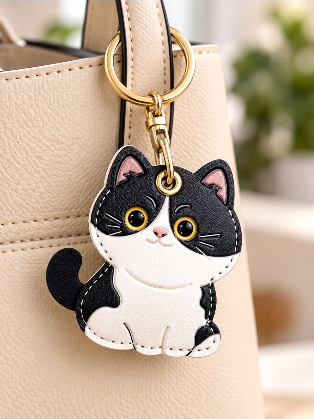 Black White Tuxedo Cat Tracker Holder Keychain Bag Charm Gold Tone